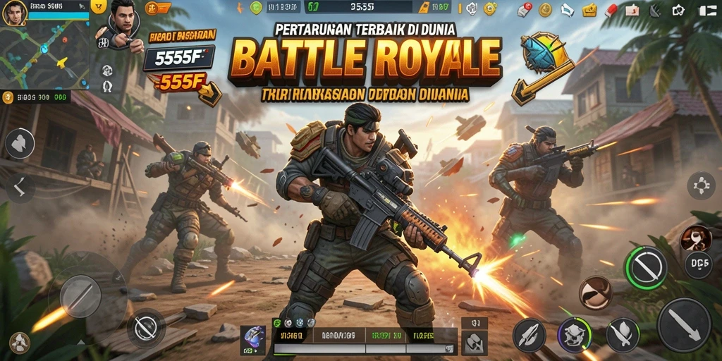 Tangkapan layar menunjukkan aksi intens dalam gameplay Battle Royale di 555F.
