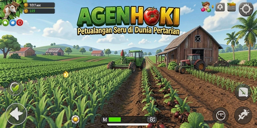 Tampilan gameplay AGENHOKI yang menampilkan lahan pertanian yang subur dan hewan ternak.