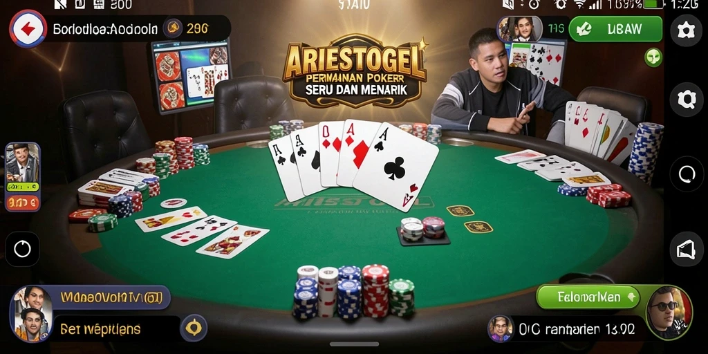 Tampilan gameplay ARIESTOGEL dengan suasana poker yang mendebarkan.