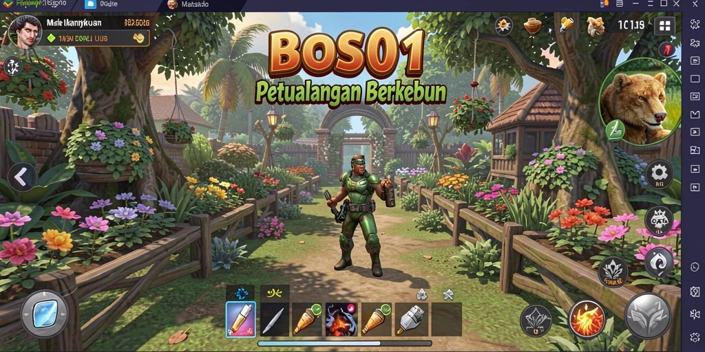 Tampilan screenshot utama BOS01 menampilkan kebun yang subur dan penuh warna.