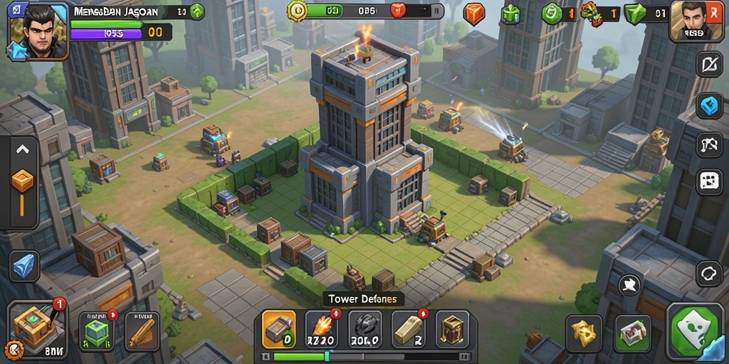 Tampilan gameplay RP55 menantang dengan menara berkualitas tinggi.