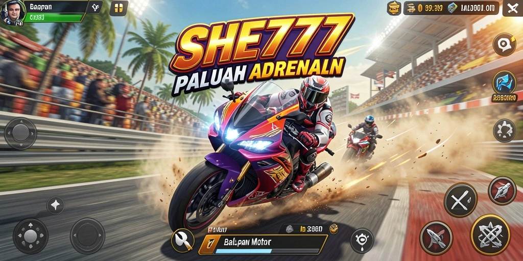 Tampilan gameplay seru dari SHE777 dalam balapan motor.
