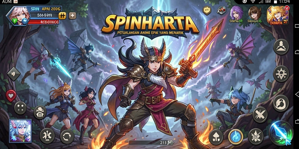Tampilan gameplay SPINHARTA yang penuh warna dan dinamis.