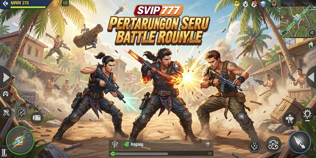 Tangkapan layar gameplay SVIP777 menampilkan pertarungan intens Battle Royale.